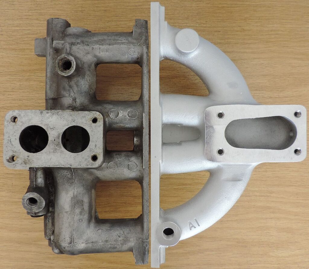 Original Rootes manifold compared with Alpine Innovations manifold.